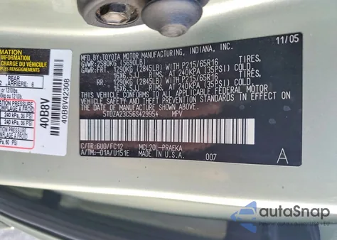 2006 Toyota Sienna Ce из США, поврежденный, VIN 5TDZA23C56S429954